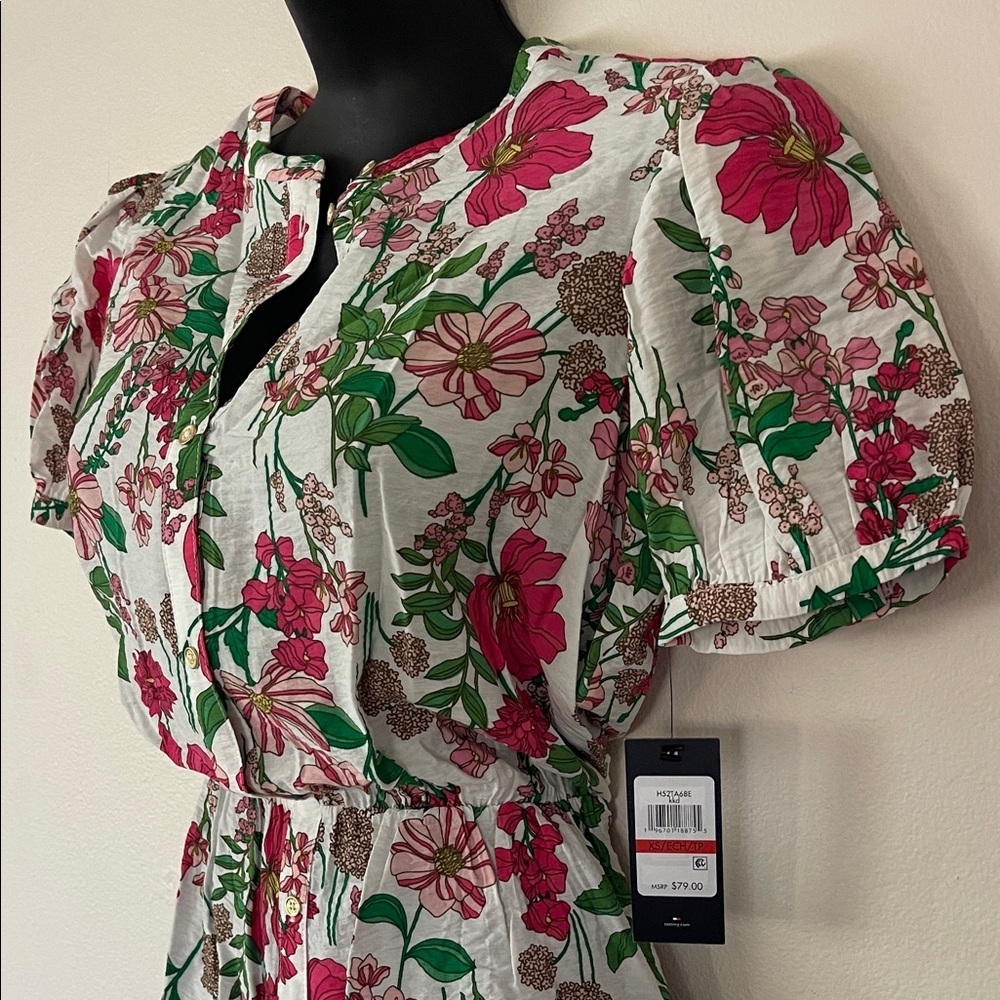 Tommy Hilfiger Floral Puff Sleeve Blouse - Pink and Green - Picture 9 of 12